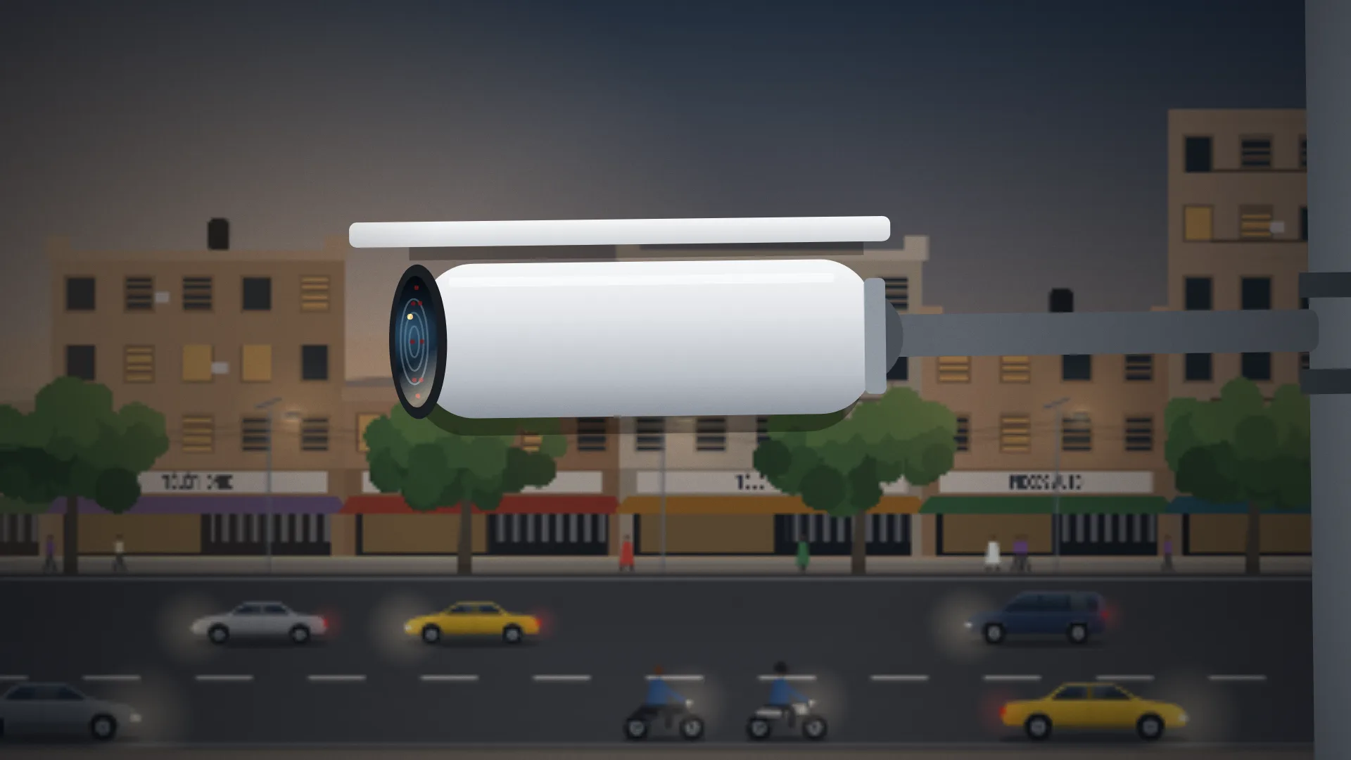 Caméra de vidéoprotection installée sur un mât au-dessus d’une avenue