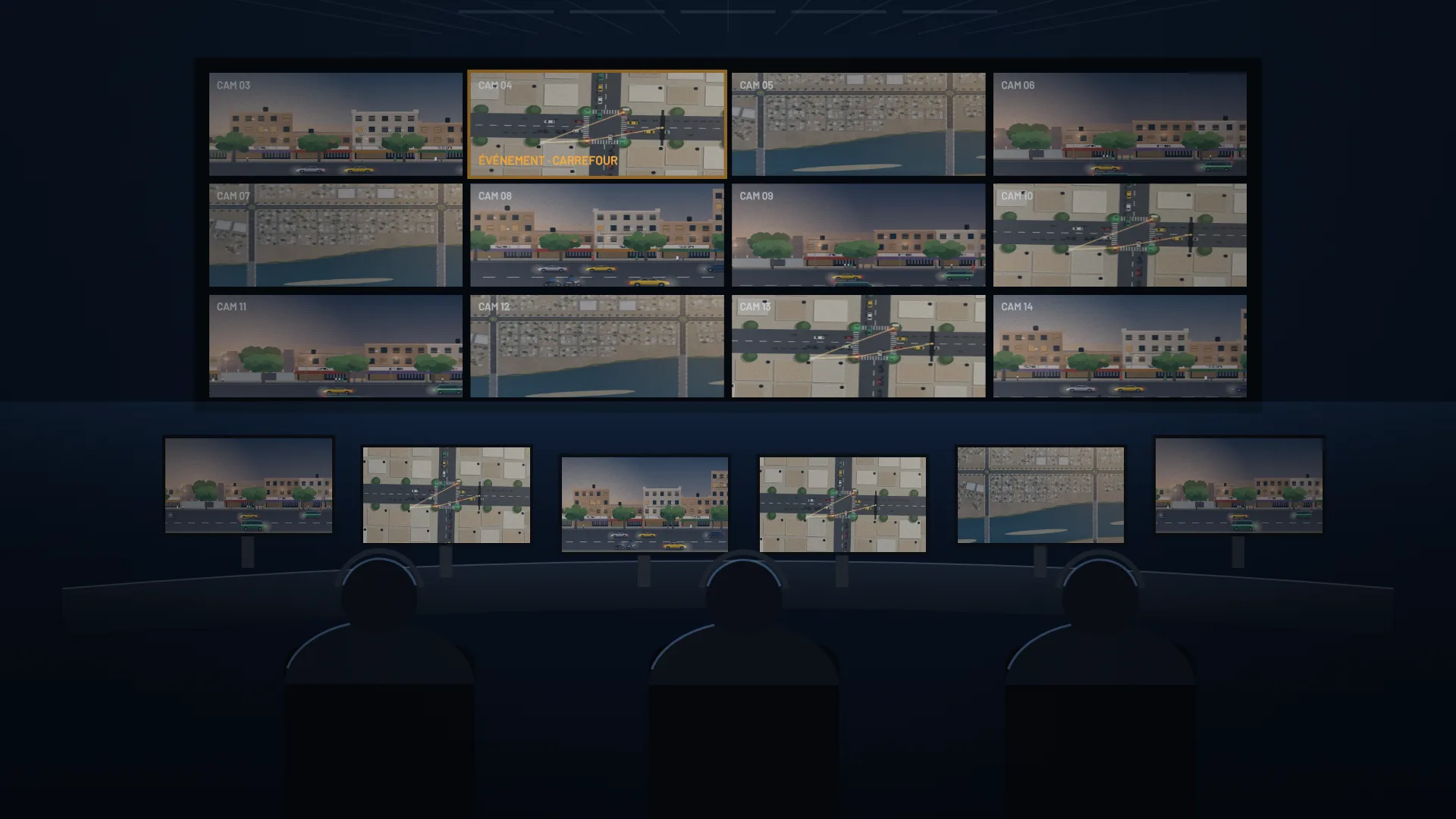 Salle de supervision avec mur d’images et opérateurs